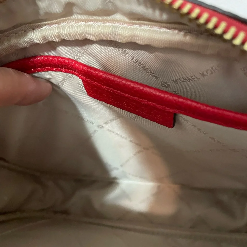 Michael Kors Red Fulton Pebbled Leather Crossbody Bag zip top chain/Buckle strap